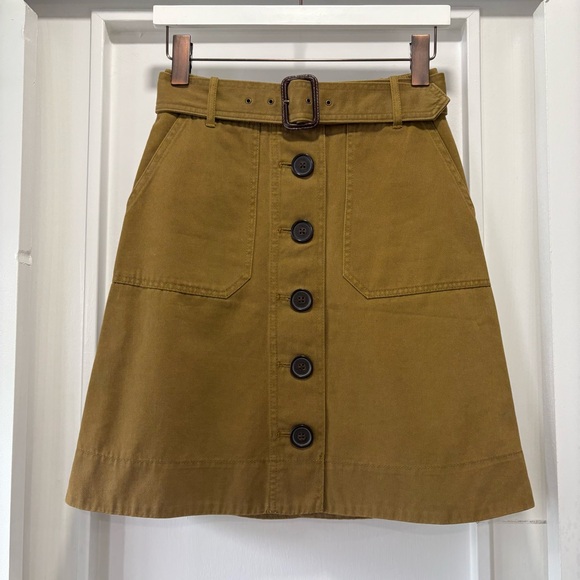 J. Crew Tan Cotton Chino Button Front Belted A-Line Skirt Size 0 Petite - Picture 1 of 11